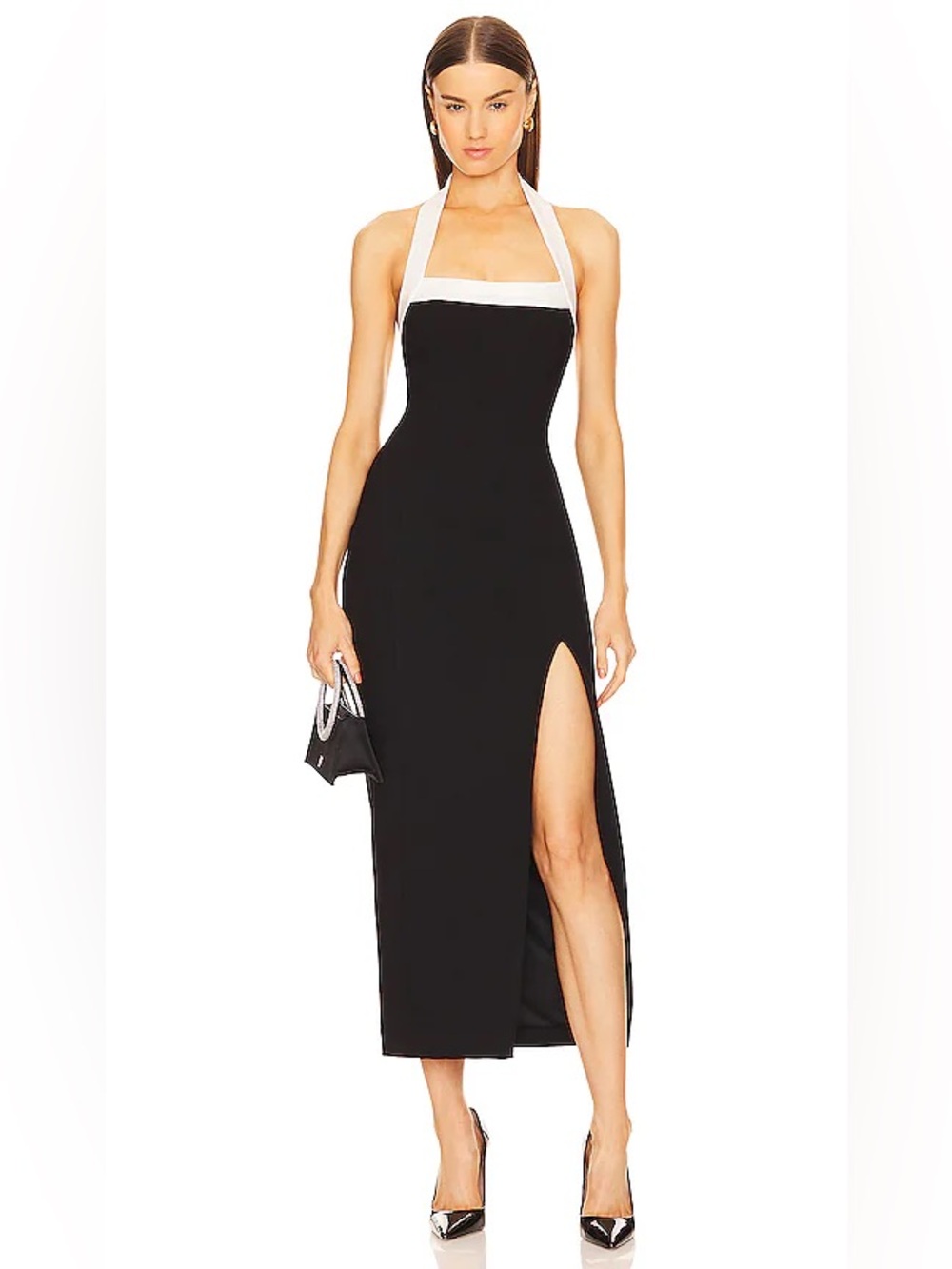 Nicholas Jane Midi Halter Dress High Slit In Black and Milk White Trim Size XL